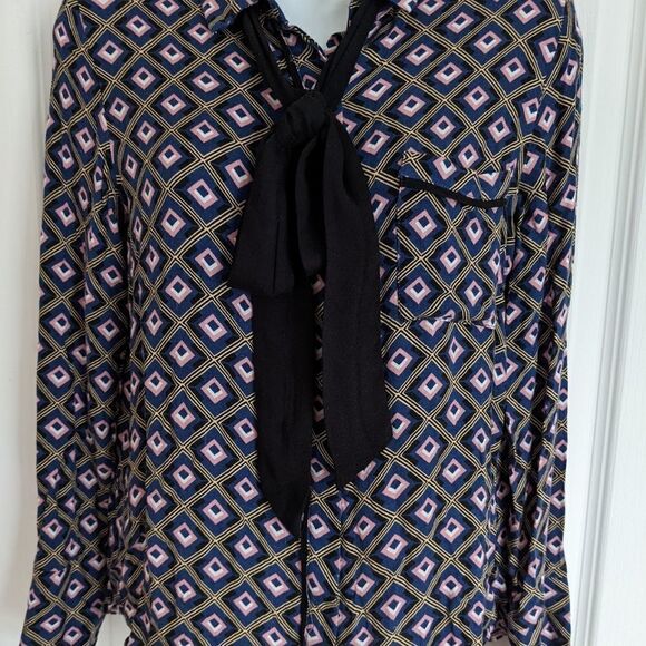 Mango Abstract Print Navy Pink Blouse With Bow Tie Neck Top Viscose XS @V - Picture 7 of 12